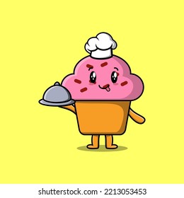 Cute Cartoon chef Cupcake mascot character serving food on tray cute style design illustration