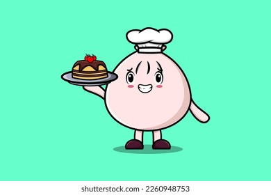 Cute Cartoon chef Dim sum character serving cake on tray cute style design in flat cartoon style