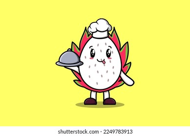 Cute Cartoon chef Dragon fruit mascot character serving food on tray cute style design illustration