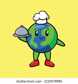 Cute Cartoon chef earth mascot character serving food on tray cute style design for t-shirt, sticker, logo element