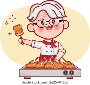 Netter Cartoon-Koch älterer Mann für Logo-Cartoon. Street Food Logo Design Premium Vektor.
