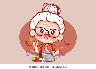 Cute cartoon chef elderly woman for logo cartoon. Street food Logo design premium vector.