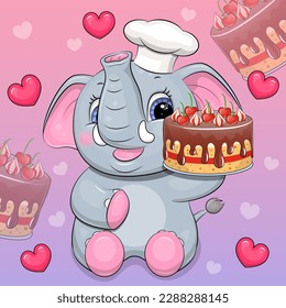 A cute cartoon chef elephant in a chef's hat is holding a cake. Vector illustration of an animal with a dessert on a purple background with hearts and cakes.