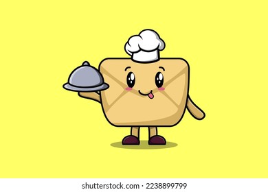 Cute Cartoon chef Envelope mascot character serving food on tray cute style design illustration