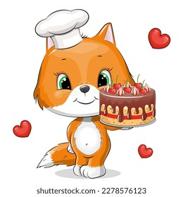 Un lindo chef de dibujos animados zorro en el sombrero de un chef sostiene una torta y está rodeado de corazones rojos. Ilustración vectorial de un animal sobre un fondo blanco.