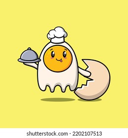 Cute Cartoon chef hueso frito personaje de mascota que sirve comida en la bandeja tierno diseño ilustración