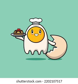 Cute Cartoon chef fried eggs character serving cake on tray cute style design in flat cartoon style