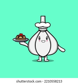 Cute Cartoon chef Garlic character serving cake on tray cute style design in flat cartoon style