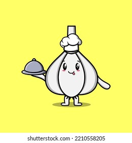 Cute Cartoon chef Garlic mascot character serving food on tray cute style design illustration