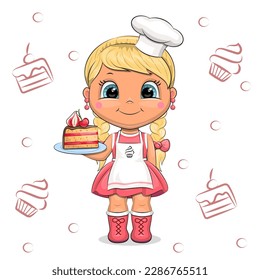 Chica de caricatura con sombrero de chef y delantal sostiene un pedazo de pastel. Ilustración vectorial de una mujer de fondo blanco con pasteles y quequitos.