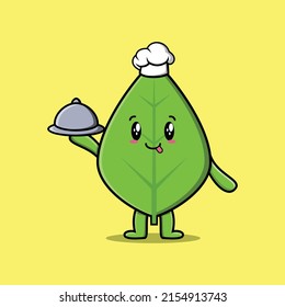 Cute Cartoon chef green leaf mascot character serving food on tray cute style design