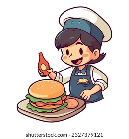 Cute cartoon chef grills gourmet cheeseburger icon isolated