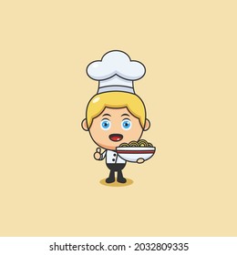 Cute cartoon chef  holding a bowl of noodles vector illustration, people illustration, cute character, chibi, kawai