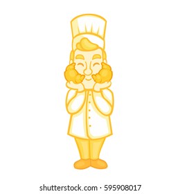 Cute cartoon chef holding the dish with cake. Cute cartoon chef character. Cute cartoon chef with croissant mustache. 