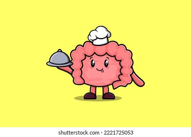 Cute Cartoon chef Intestine mascot character serving food on tray cute style design illustration