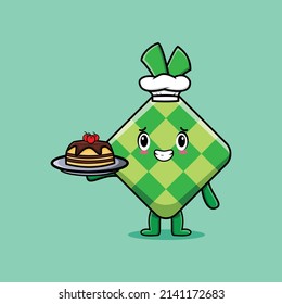 Cute Cartoon chef ketupat character serving cake on tray cute style design in 3d cartoon style  
