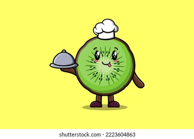 Cute Cartoon chef Kiwi fruit mascot character serving food on tray cute style design illustration