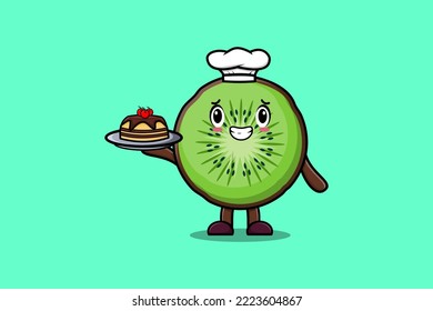 Cute Cartoon chef Kiwi fruit character serving cake on tray cute style design in flat cartoon style