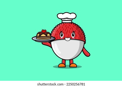Cute Cartoon chef Lychee character serving cake on tray cute style design in flat cartoon style