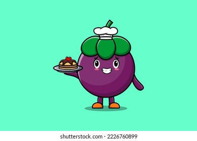 Cute Cartoon chef Mangosteen character serving cake on tray cute style design in flat cartoon style