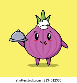 Cute Cartoon chef onion mascot character serving food on tray