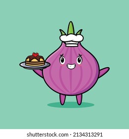 Cute Cartoon chef onion mascot character serving cake on tray cute style design