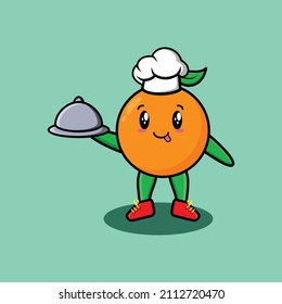 Cute Cartoon chef orange mascot character serving food on tray cute style design for t-shirt, sticker, logo element