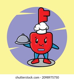 Cute Cartoon chef padlock key mascot character serving food on tray cute style design for t-shirt, sticker, logo element