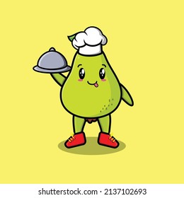 Cute Cartoon chef pear fruit mascot character serving food on tray cute style design