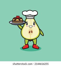 Cute Cartoon chef pear fruit mascot character serving cake on tray cute style design
