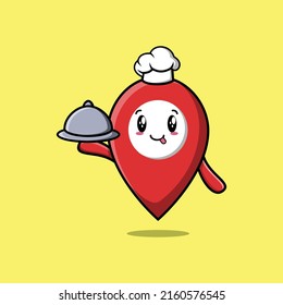 Cute Cartoon chef pin location mascot character serving food on tray cute style design