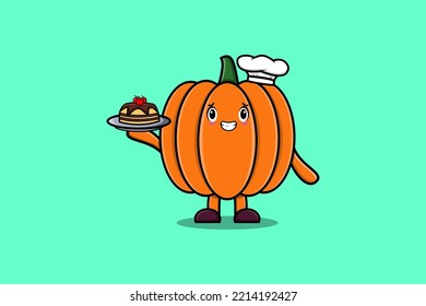 Cute Cartoon chef Pumpkin character serving cake on tray cute style design in flat cartoon style