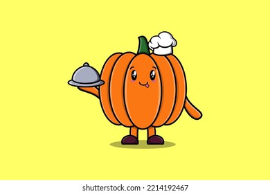 Cute Cartoon chef Pumpkin mascot character serving food on tray cute style design illustration