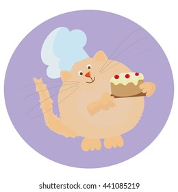 cute cartoon chef red color with a cake in hand. Profession.Cook. Red cat. Learning card.Vector for design