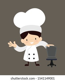 Cute Cartoon Chef - Standing with Chair and Gesturing with Hand