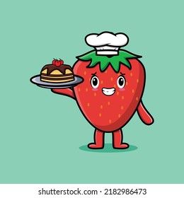 Cute Cartoon chef strawberry character serving cake on tray cute style design in flat cartoon style