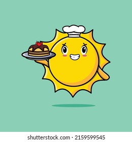 Cute Cartoon chef sun character serving cake on tray cute style design in 3d cartoon style concept