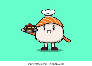 Cute Cartoon chef Sushi character serving cake on tray cute style design flat cartoon style