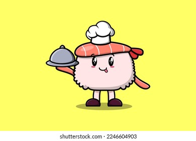 Cute Cartoon chef Sushi shrimp mascot character serving food on tray cute style design illustration