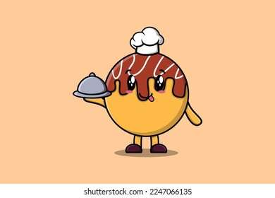 Cute Cartoon chef Takoyaki mascot character serving food on tray cute style design illustration