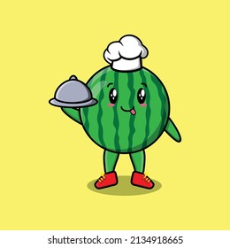 Cute Cartoon chef watermelon mascot character serving food on tray cute style design