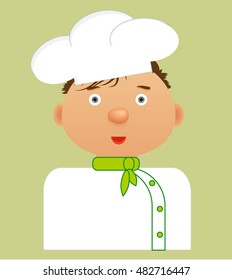Cute cartoon chef in white hat, white shirt and a green handkerchief around his neck. The green background. Vector illustration. Perfect for banner, ads or icons