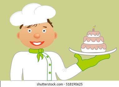 Cute cartoon chef in white hat, white shirt, a green handkerchief around his neck and a kitchen mitten. In his hands he's got cake on white dish. Vector illustration. 