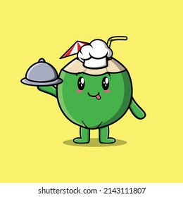 Cute Cartoon chef Young coconut mascot character serving food on tray cute style design