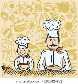 Cute cartoon chefs father and son. Vector illustration