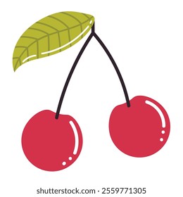 Cute cartoon cherry berry with leaf in flat style. Summer berries isolated on white background.