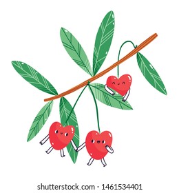 Cute cartoon cherry characters hanging on a branch, vector illustration, isolated on white background