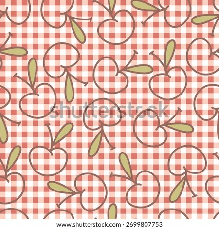 Cute cartoon cherry and check seamless vector pattern. Doodle abstract cherries fruit vector for wallpaper, textile, fashion, background, stationery, wrapping, card, and phone cases.