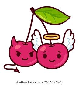Cute cartoon cherry couple angel and devil. Funny characters vector illustration.