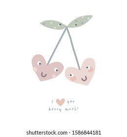 Cute cartoon cherry couple characters. Decorative childish illustration. Funny pink berries paper cut simple poster. Kid-like fruity drawing. I love berry much lettering. Gender-neutral nursery idea.
